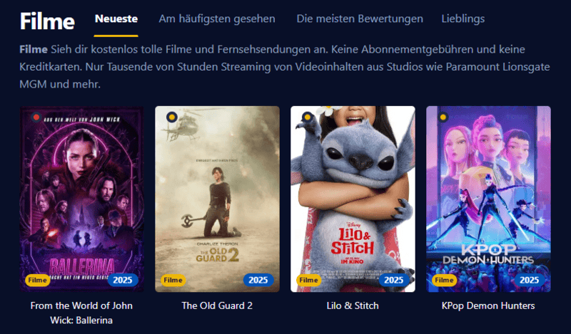 Bildschirmaufnahme der Benutzeroberfläche von Einschalten die eine zeitgemäße Streaming Plattform mit Filmen und Serien zeigt